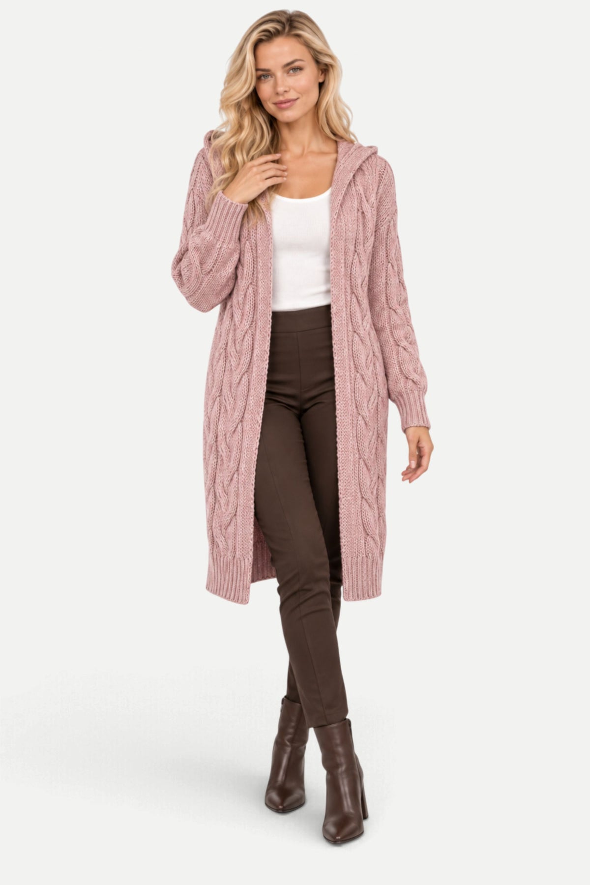 Marielle | Hooded Cable Knit Long Cardigan