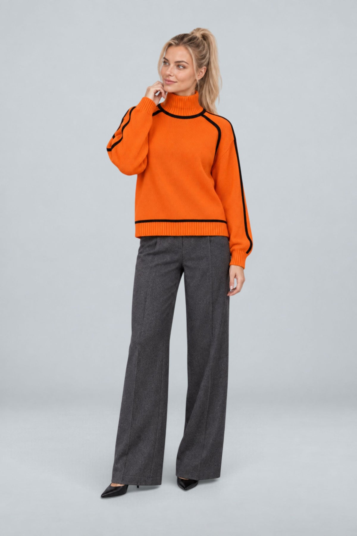 Anouk | Contrast Piped Mock Neck Sweater