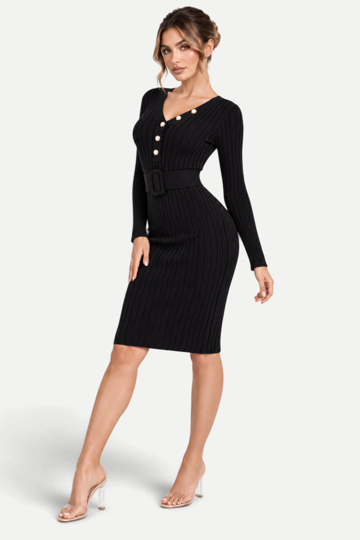 Avelora | Ribbed Belted Midi Dress