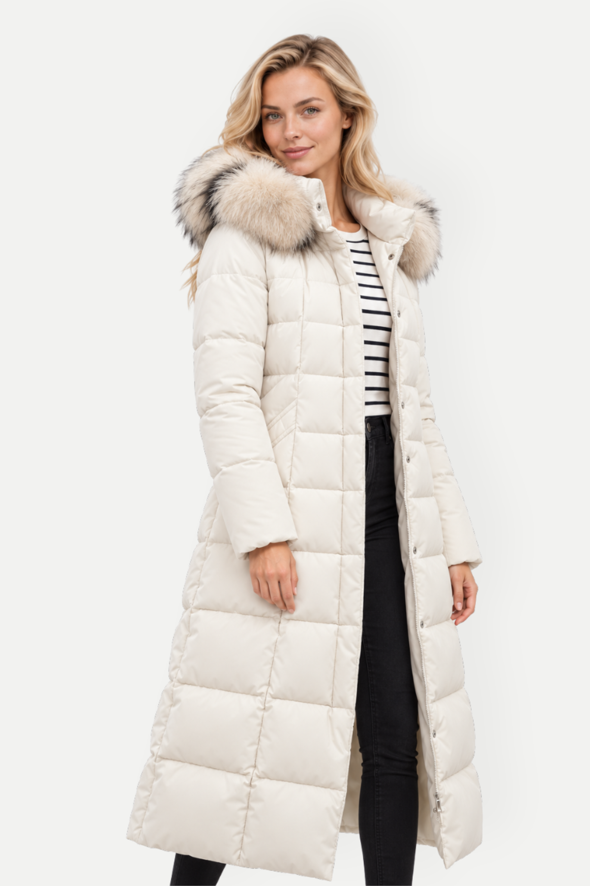 Xavira | Long Hooded Padded Coat with Faux Fur Collar