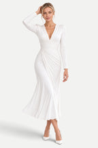 Camille | V-Neck Pleated Fishtail Midi Dress