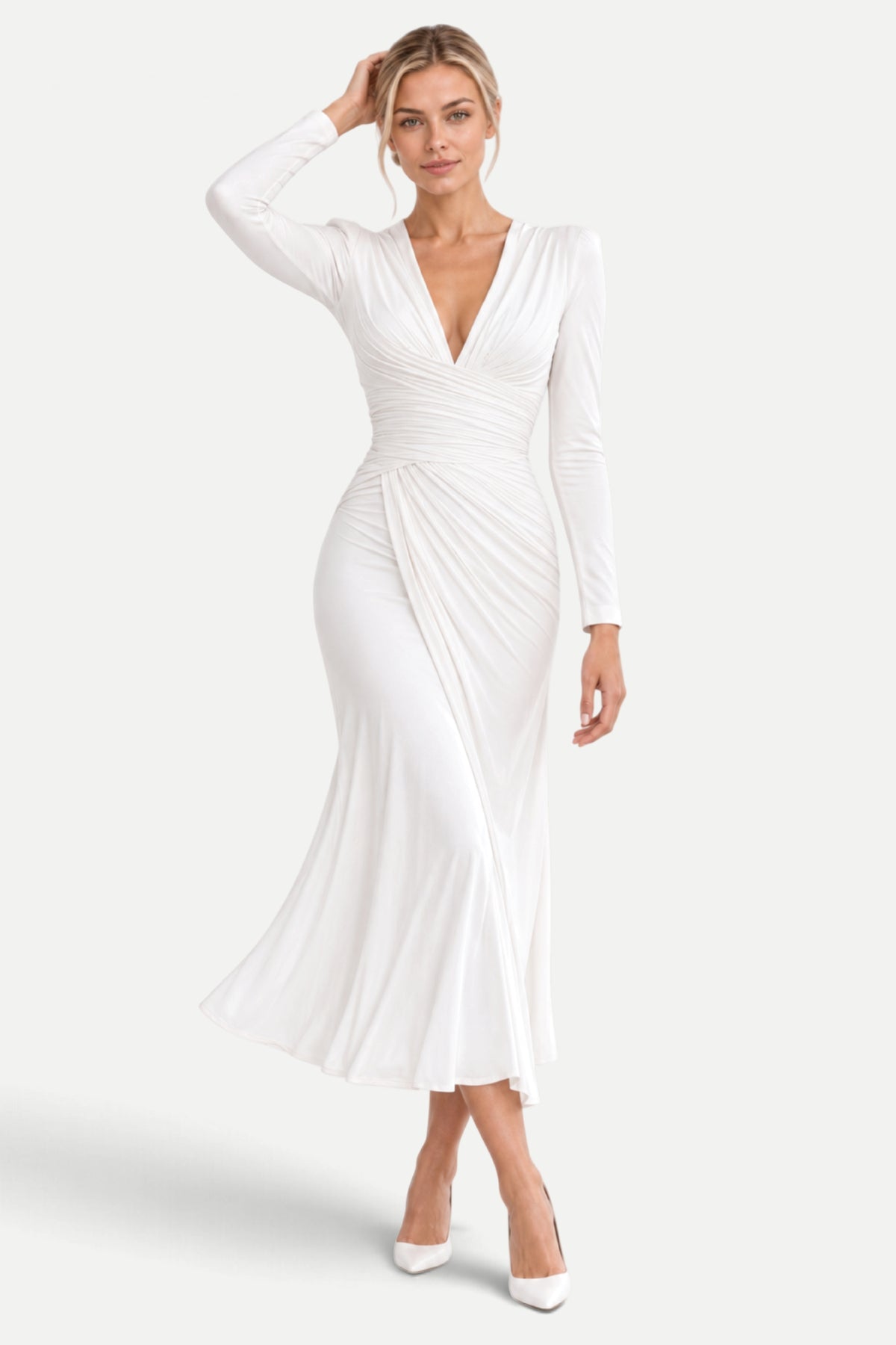 Camille | V-Neck Pleated Fishtail Midi Dress