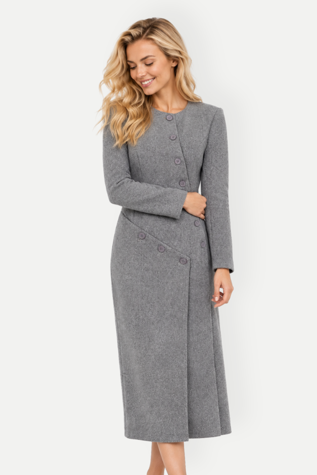 Maribel | Asymmetric Tweed Button Front Midi Coat Dress