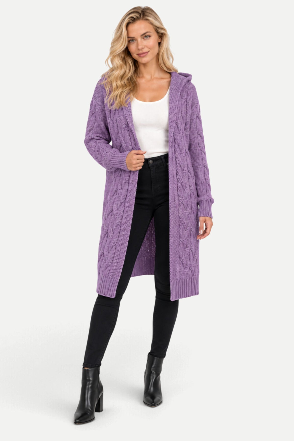 Marielle | Hooded Cable Knit Long Cardigan