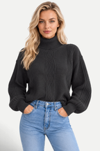 Maëlle | High-Neck Cable Knit Lantern-Sleeve Sweater
