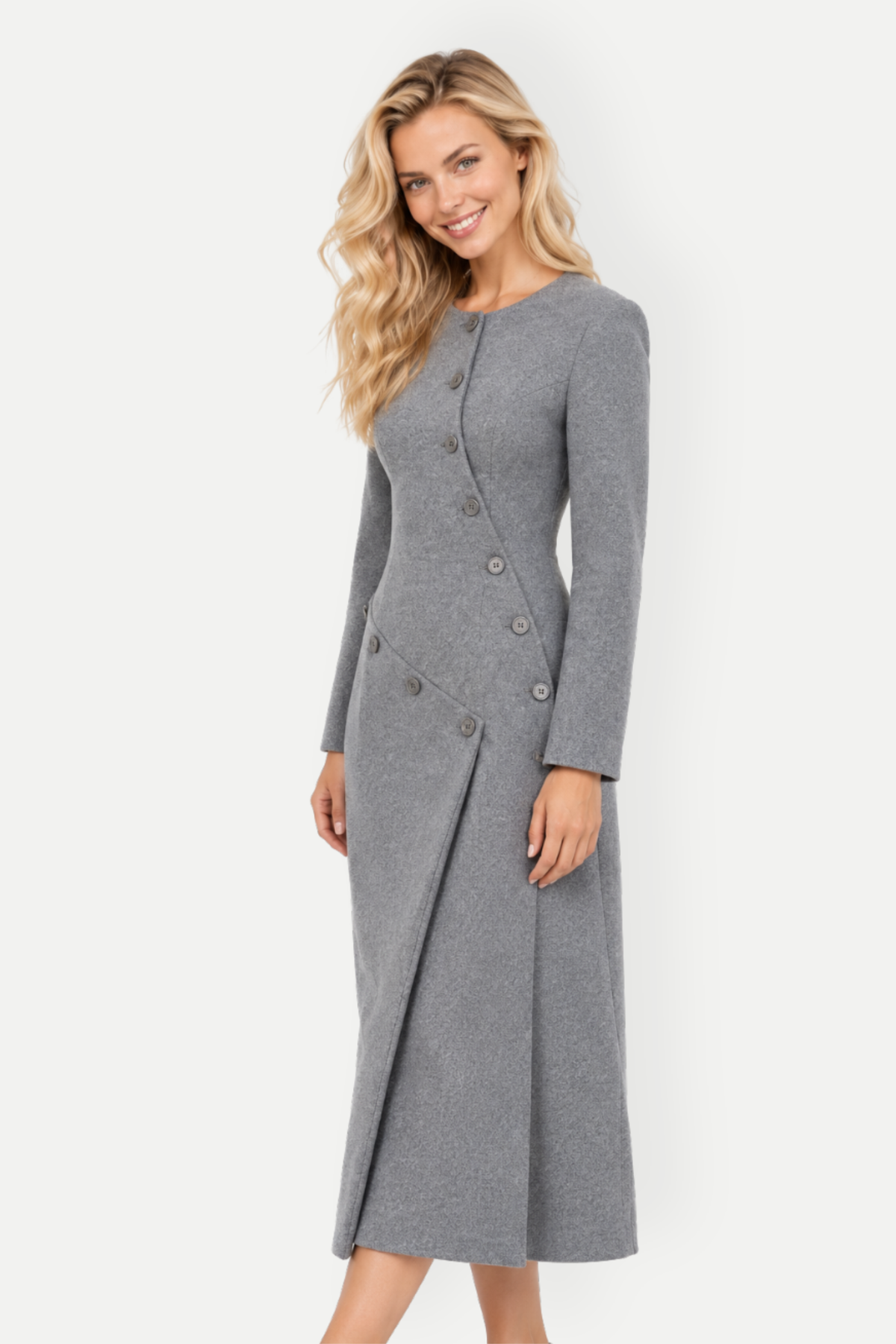 Maribel | Asymmetric Tweed Button Front Midi Coat Dress