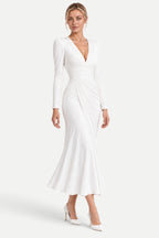 Camille | V-Neck Pleated Fishtail Midi Dress