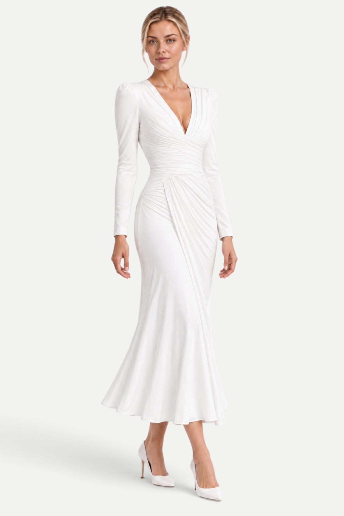 Camille | V-Neck Pleated Fishtail Midi Dress