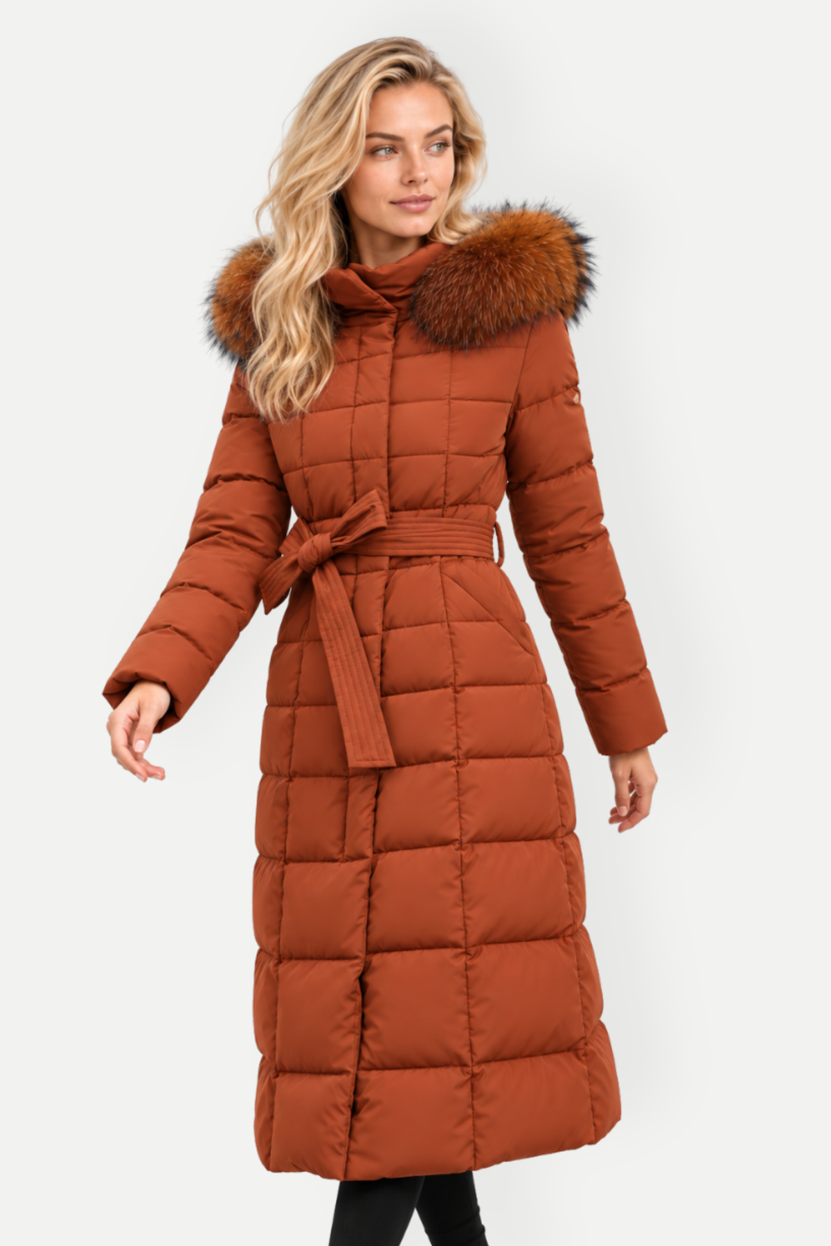 Xavira | Long Hooded Padded Coat with Faux Fur Collar