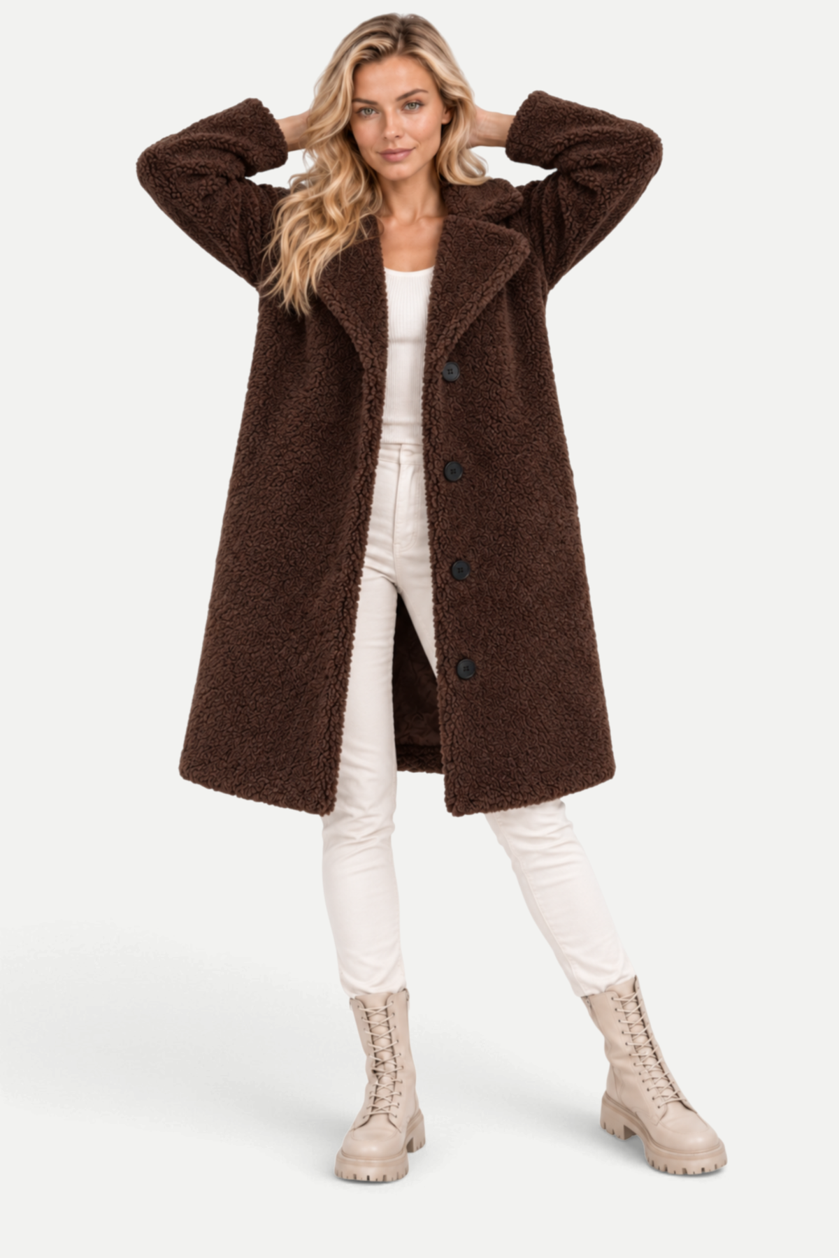 Elisavie | Textured Lapel Coat with Faux Fur Collar