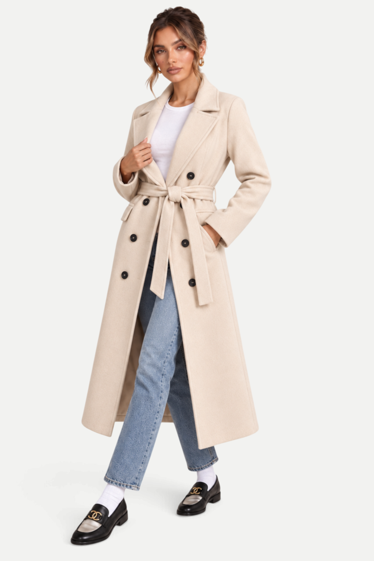 Elvaira | Double-Breasted Belted Long Coat