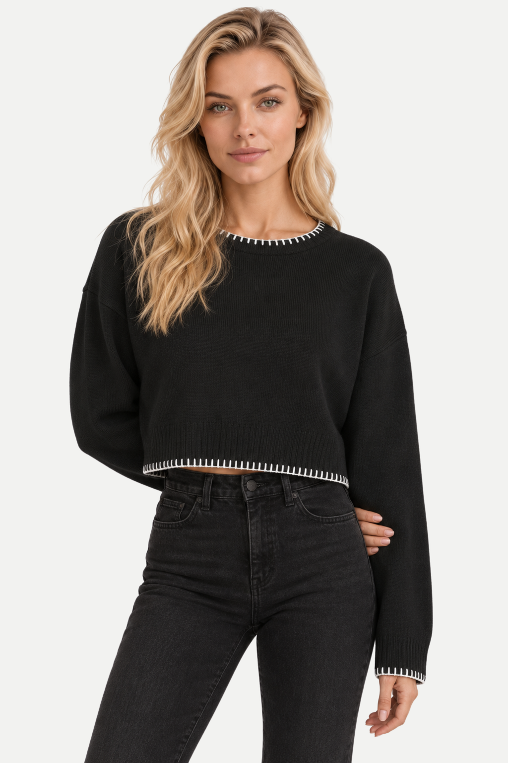 Elowyn | Color-Block Cropped Knit Pullover Sweater