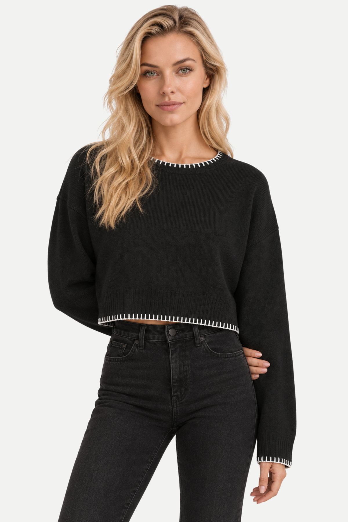 Elowyn | Color-Block Cropped Knit Pullover Sweater