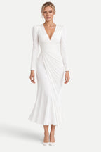 Camille | V-Neck Pleated Fishtail Midi Dress
