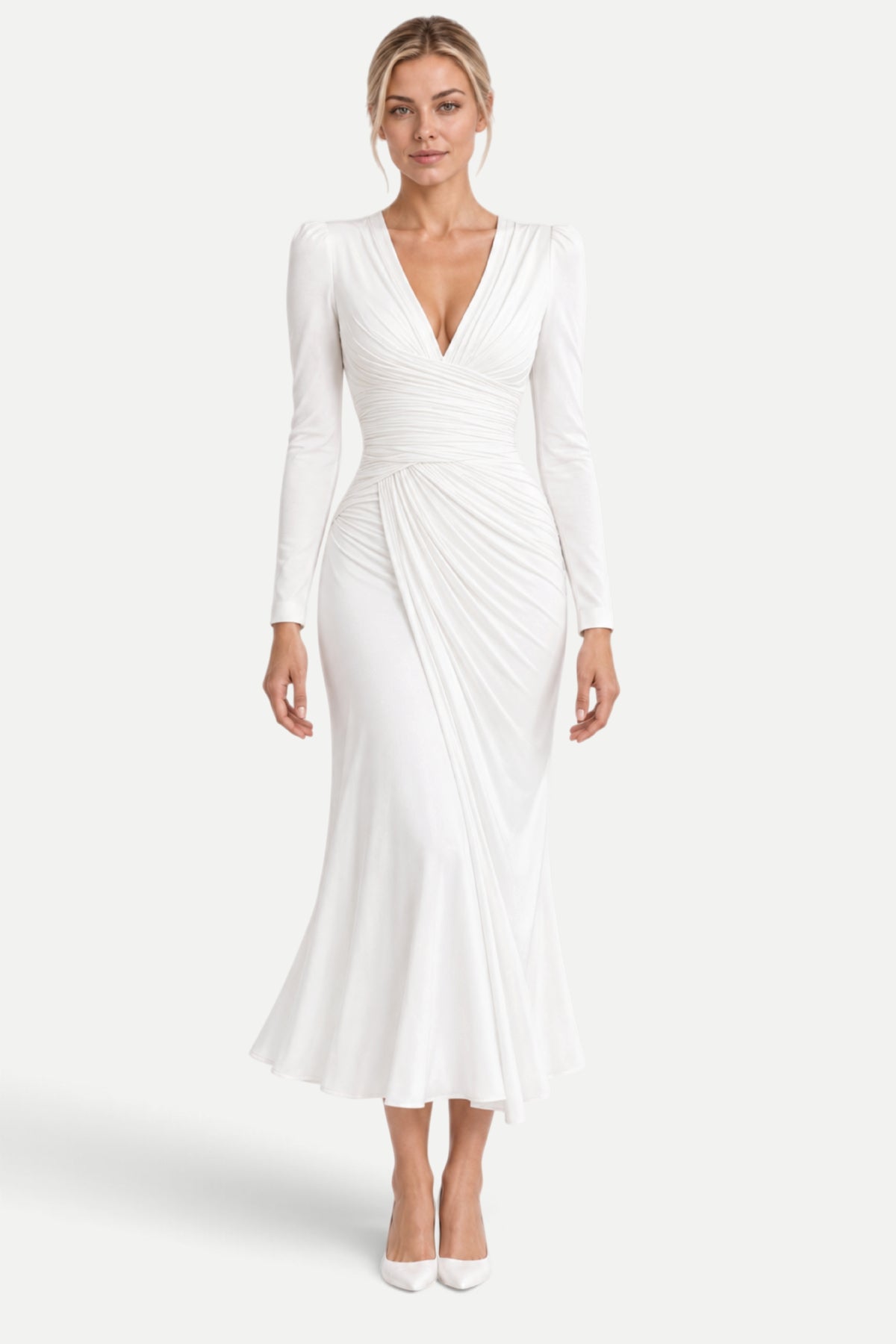 Camille | V-Neck Pleated Fishtail Midi Dress