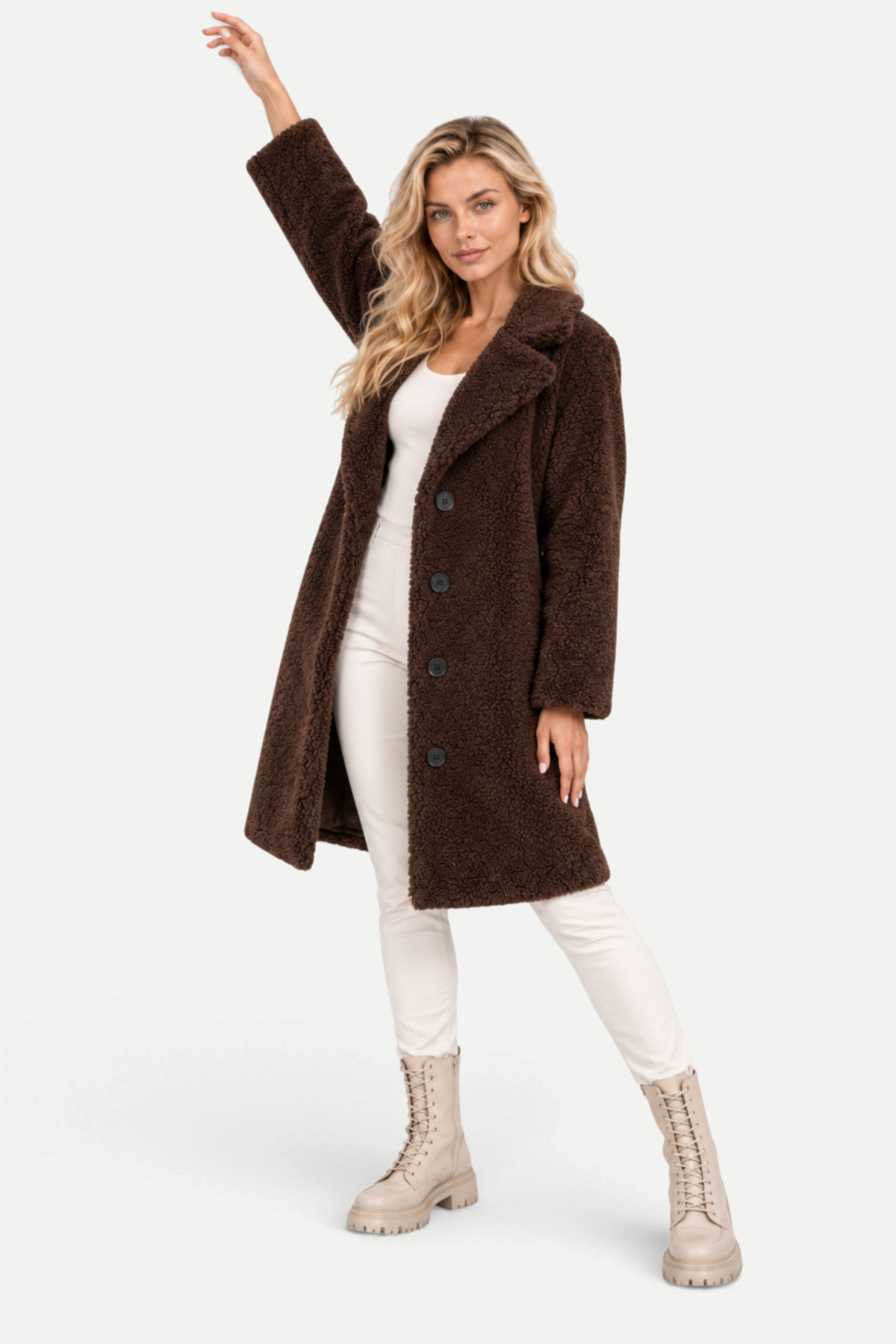 Elisavie | Textured Lapel Coat with Faux Fur Collar