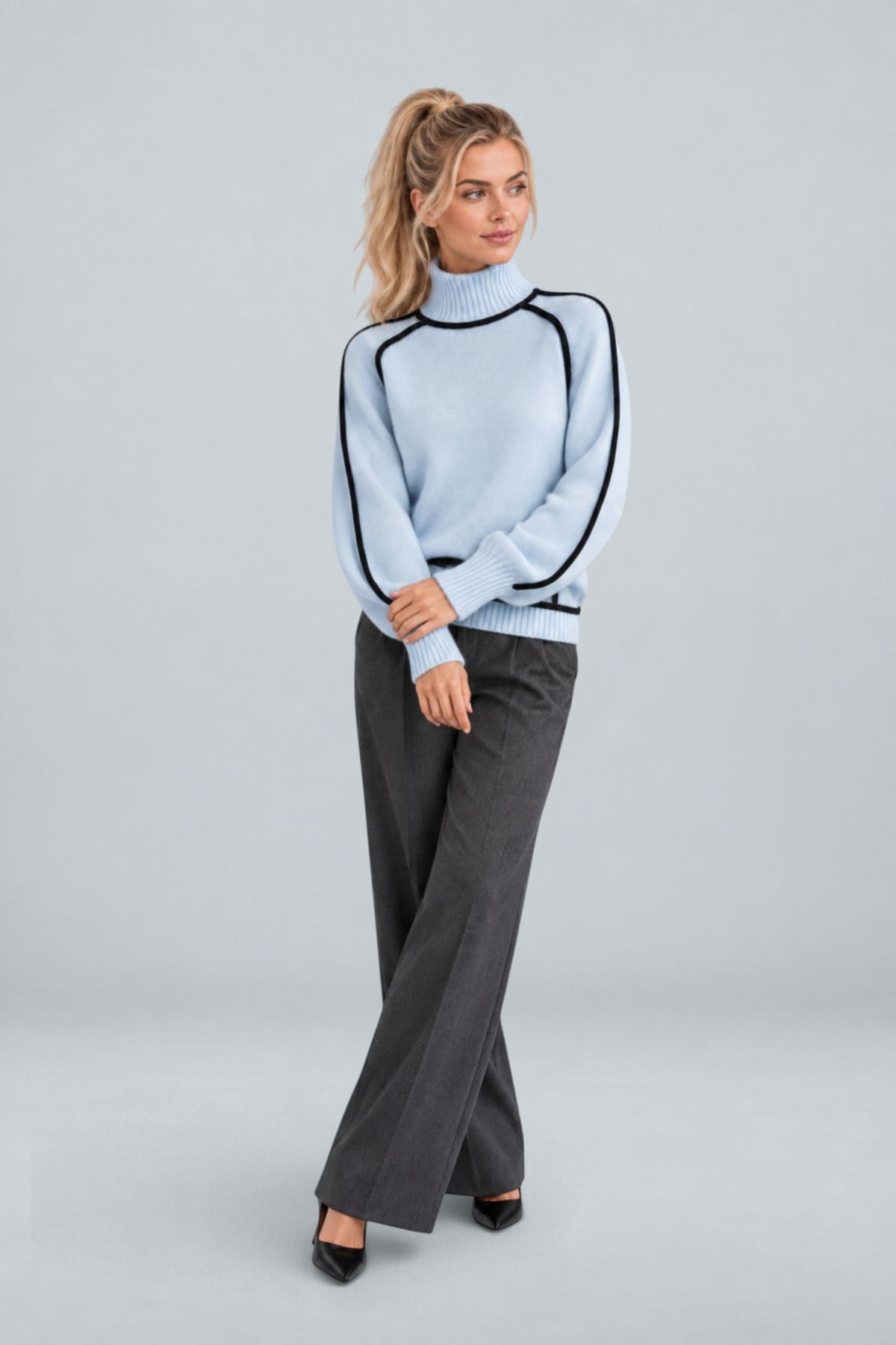 Anouk | Contrast Piped Mock Neck Sweater