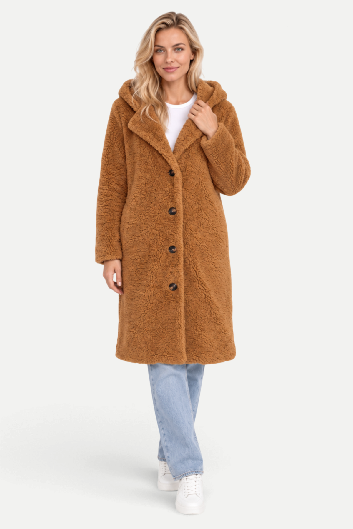 Elisavie | Textured Lapel Coat with Faux Fur Collar