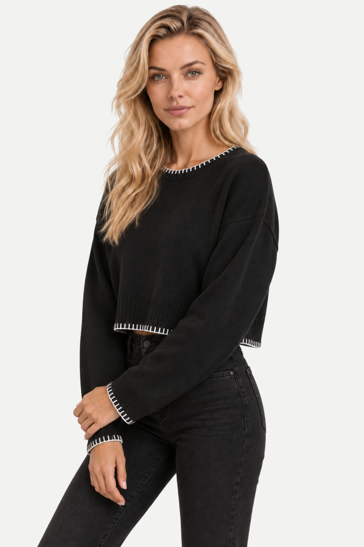 Elowyn | Color-Block Cropped Knit Pullover Sweater