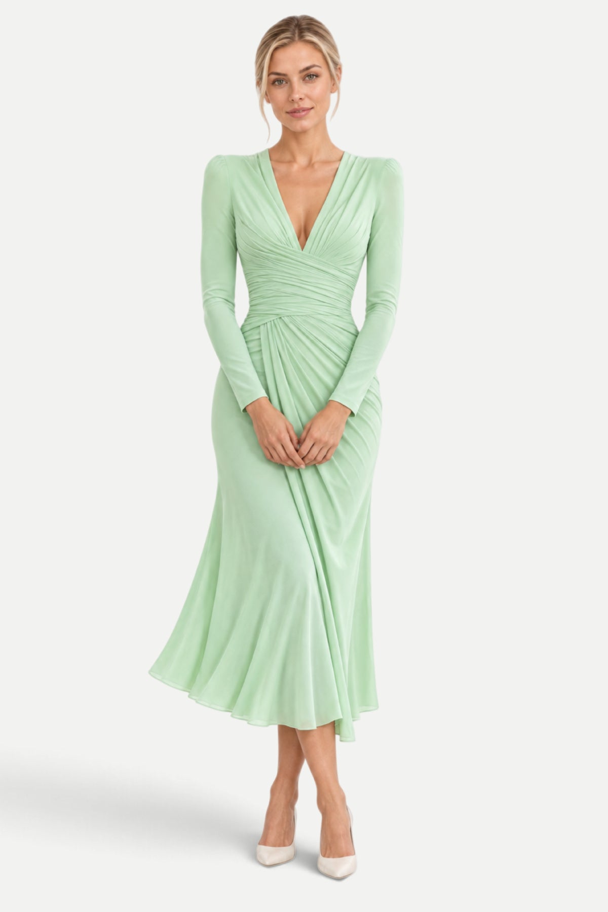 Camille | V-Neck Pleated Fishtail Midi Dress