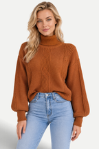 Maëlle | High-Neck Cable Knit Lantern-Sleeve Sweater