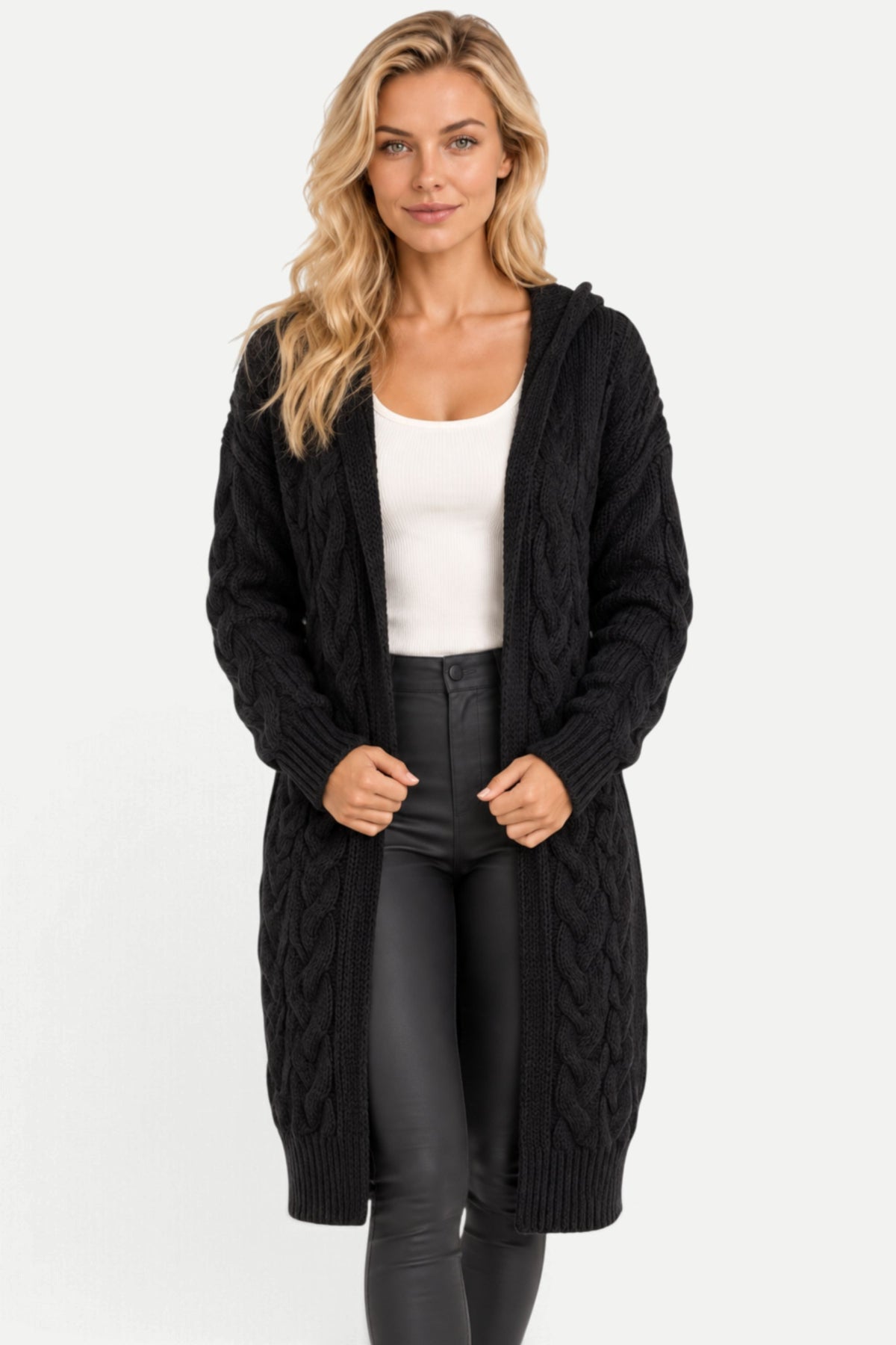 Marielle | Hooded Cable Knit Long Cardigan