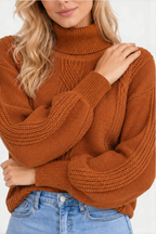 Maëlle | High-Neck Cable Knit Lantern-Sleeve Sweater