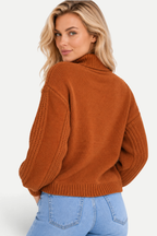 Maëlle | High-Neck Cable Knit Lantern-Sleeve Sweater