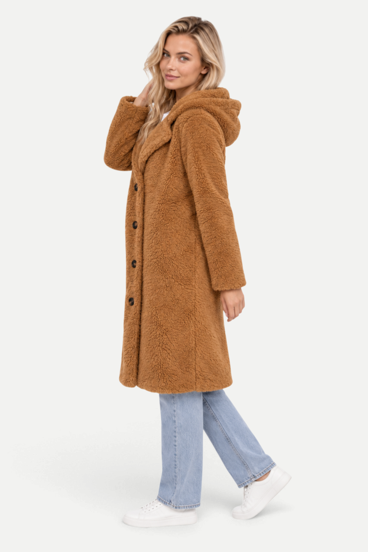 Elisavie | Textured Lapel Coat with Faux Fur Collar