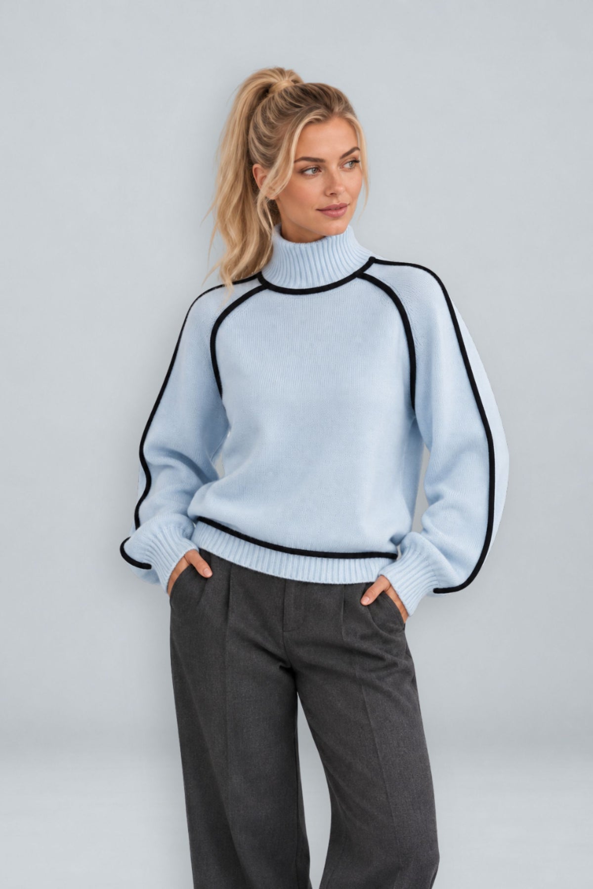 Anouk | Contrast Piped Mock Neck Sweater