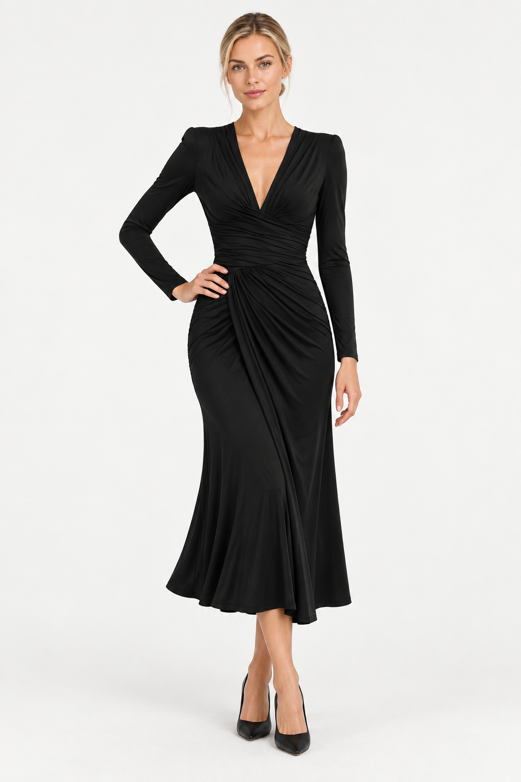 Camille | V-Neck Pleated Fishtail Midi Dress