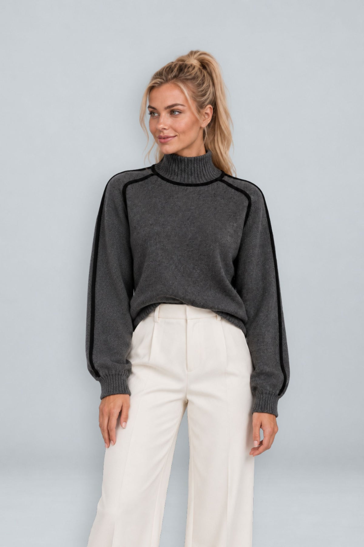 Anouk | Contrast Piped Mock Neck Sweater