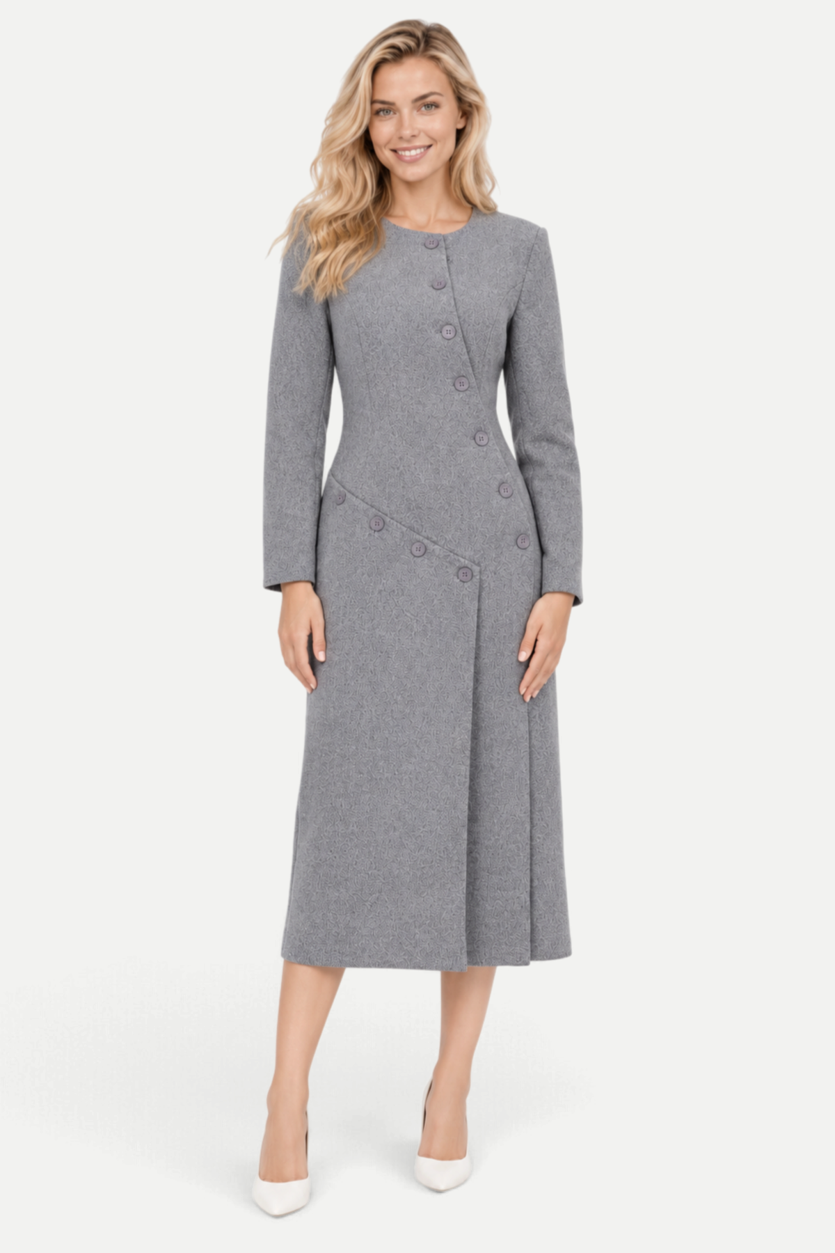 Maribel | Asymmetric Tweed Button Front Midi Coat Dress