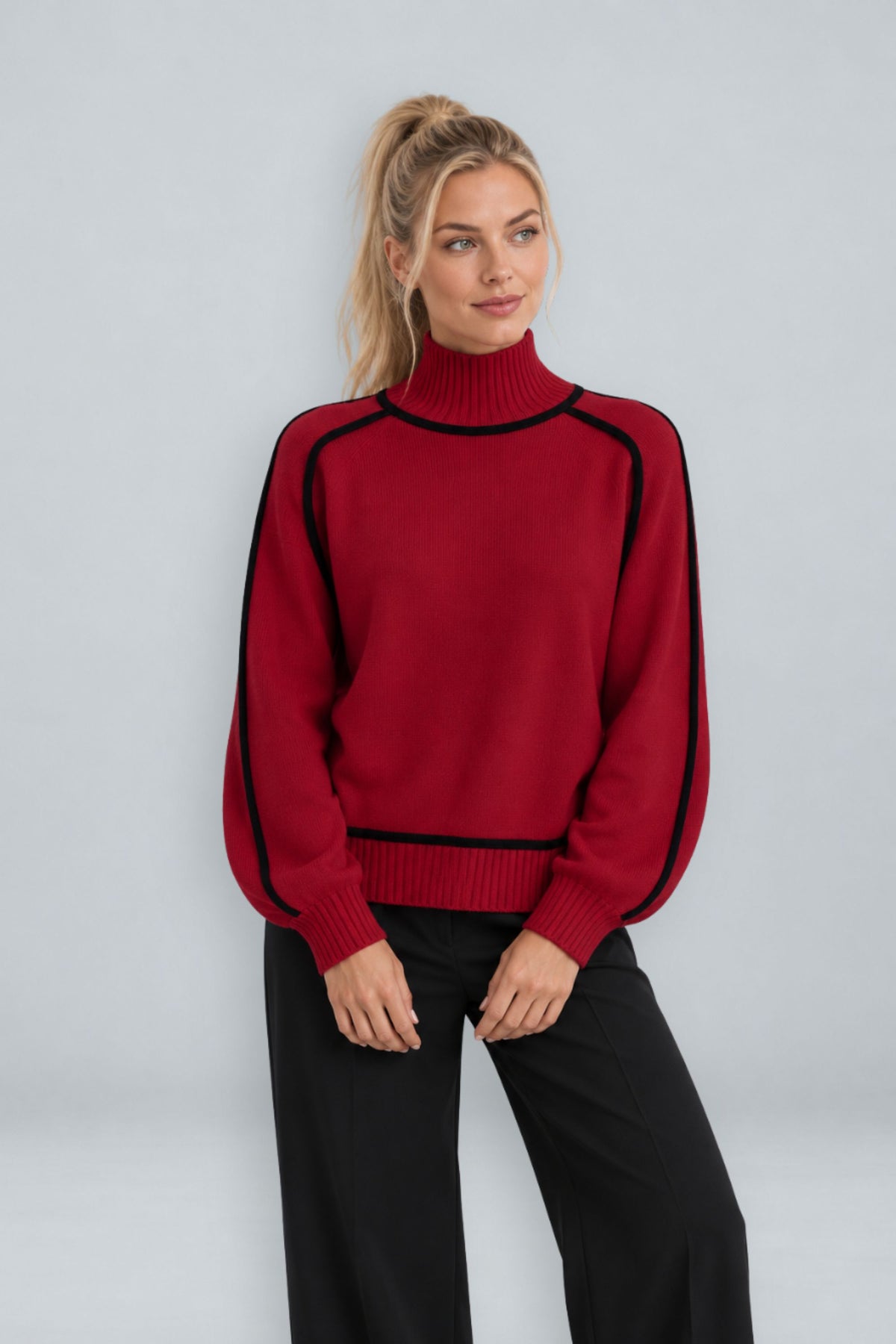 Anouk | Contrast Piped Mock Neck Sweater
