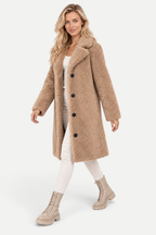 Elisavie | Textured Lapel Coat with Faux Fur Collar