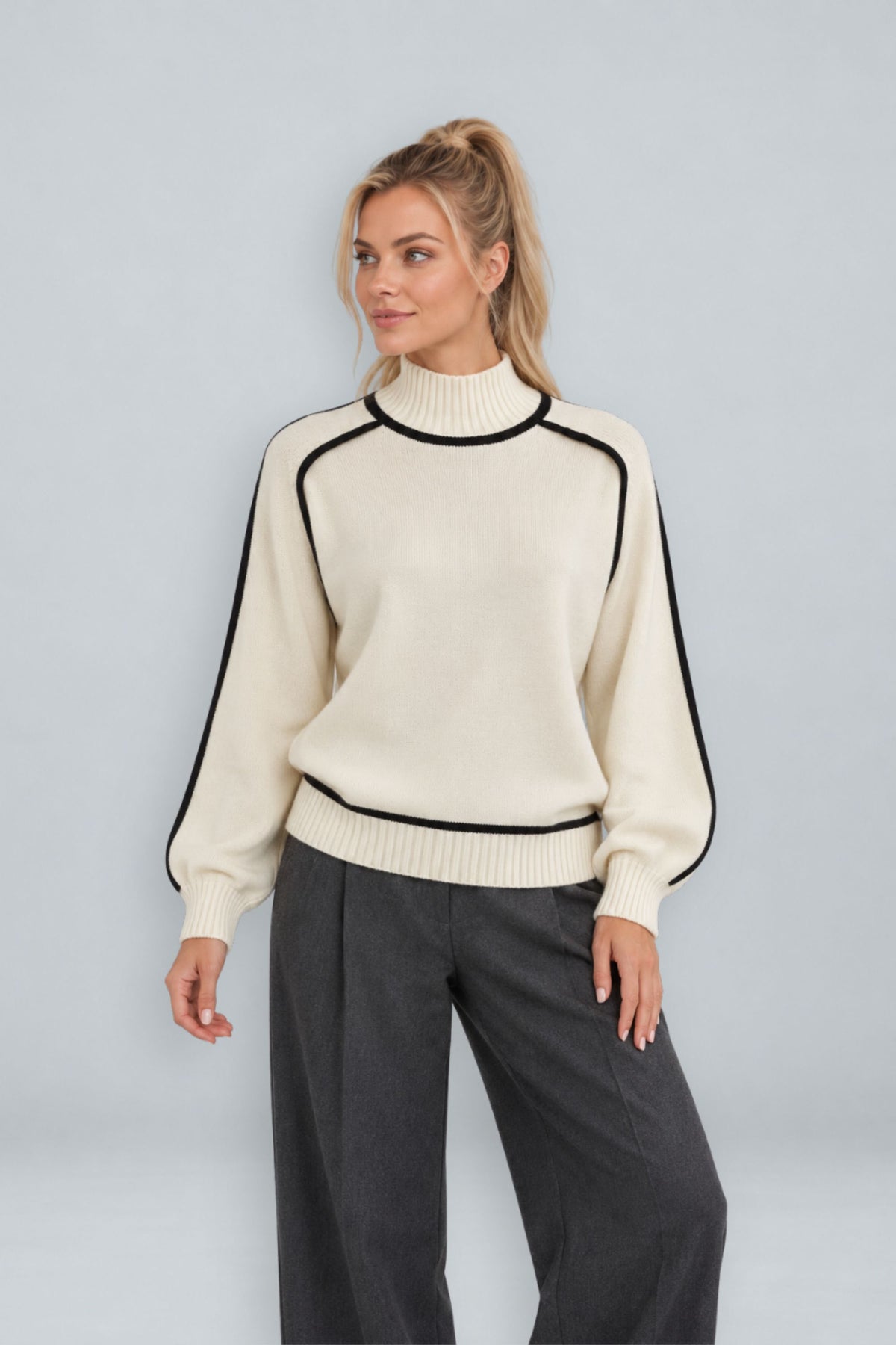 Anouk | Contrast Piped Mock Neck Sweater