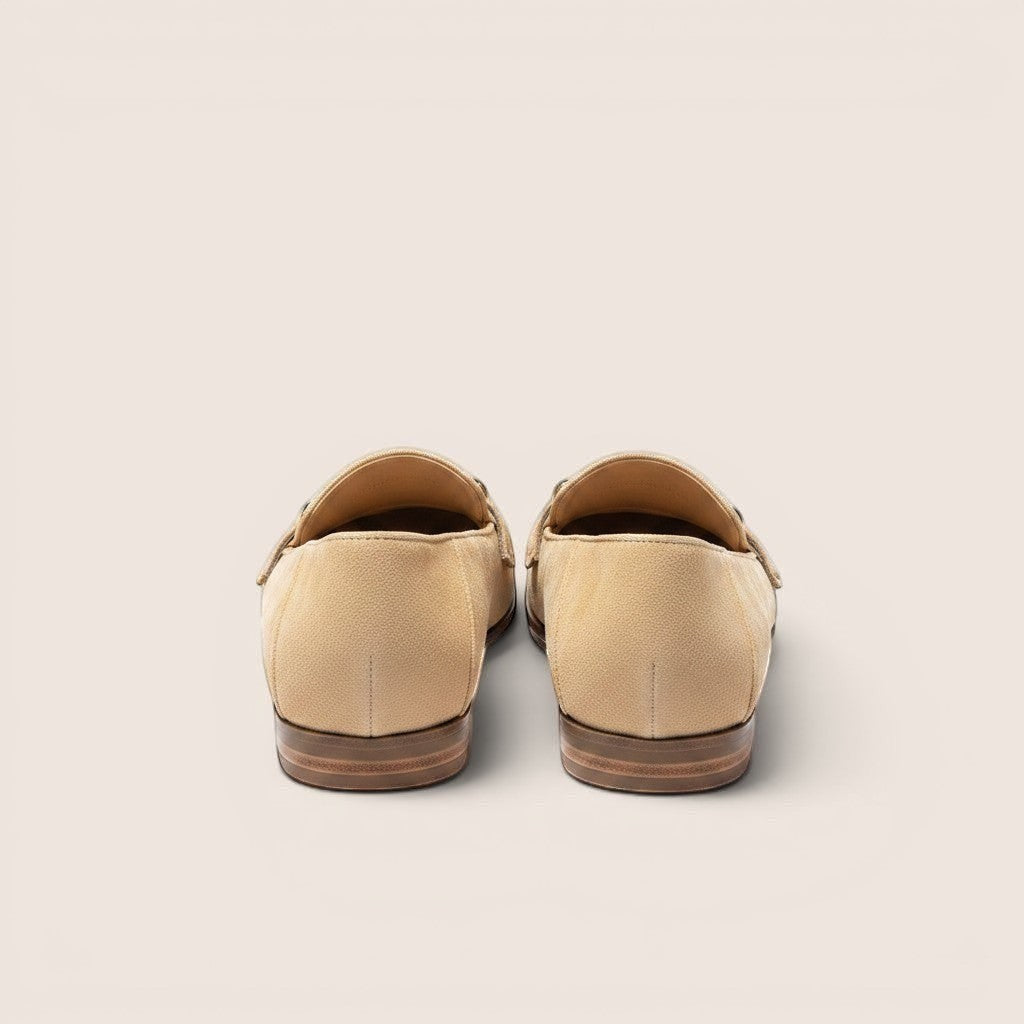 Norielle women's beige microfiber loafers with a thick heel and classic British-inspired silhouette.