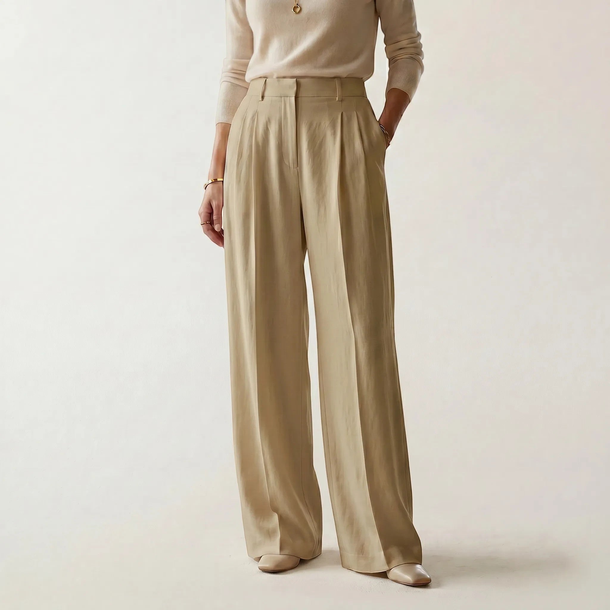 Norielle women's high-waisted beige straight leg pants with a relaxed fit, perfect for casual or office wear.