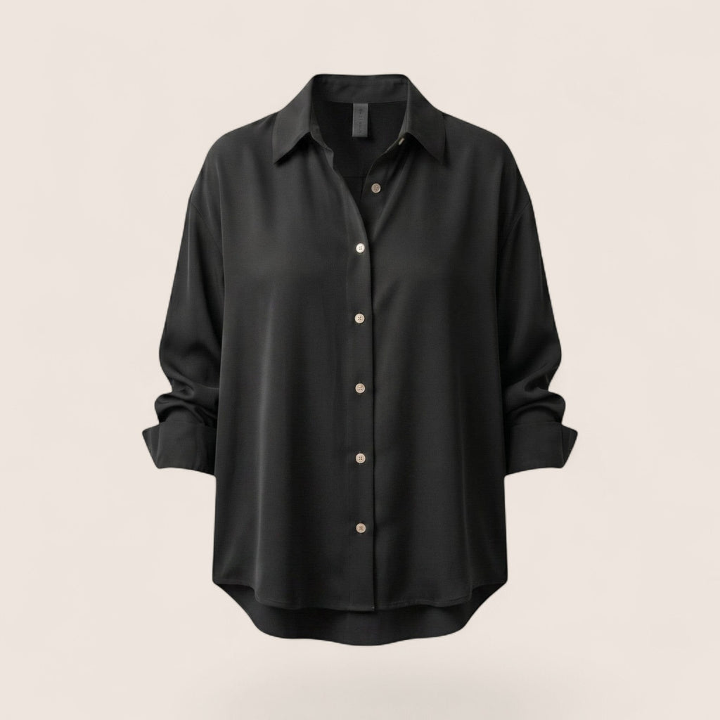 Norielle women's black satin chiffon blouse, loose fit, long sleeve, button-up with a collared neckline.