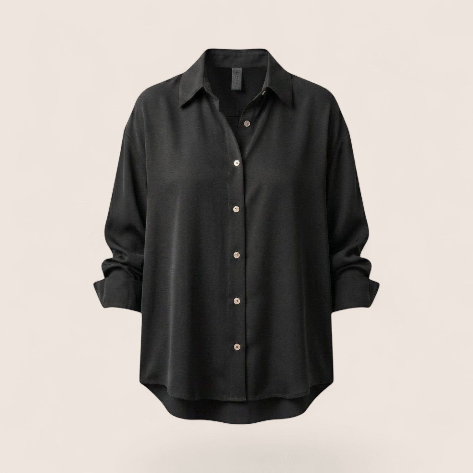 Norielle women's black satin chiffon blouse, loose fit, long sleeve, button-up with a collared neckline.