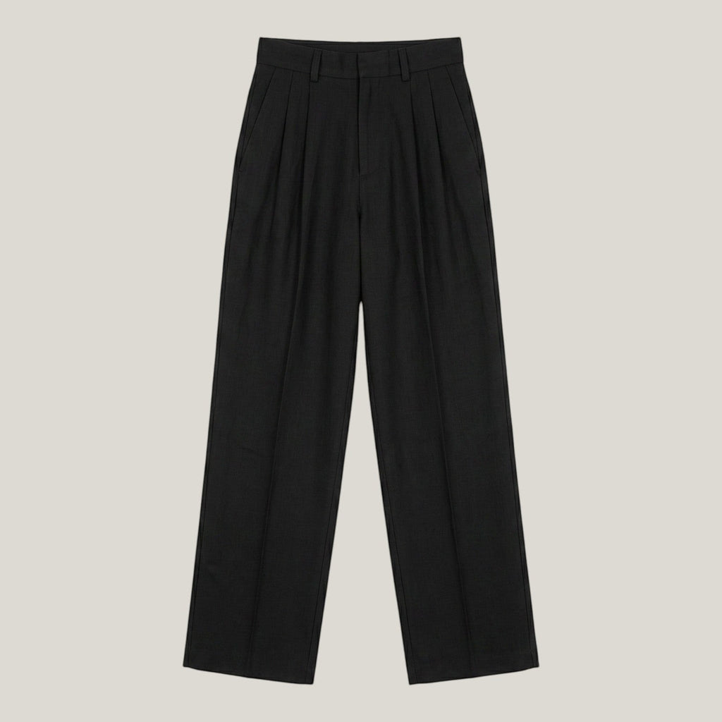 Norielle black high-waisted straight leg casual pants with pleats and a relaxed fit.