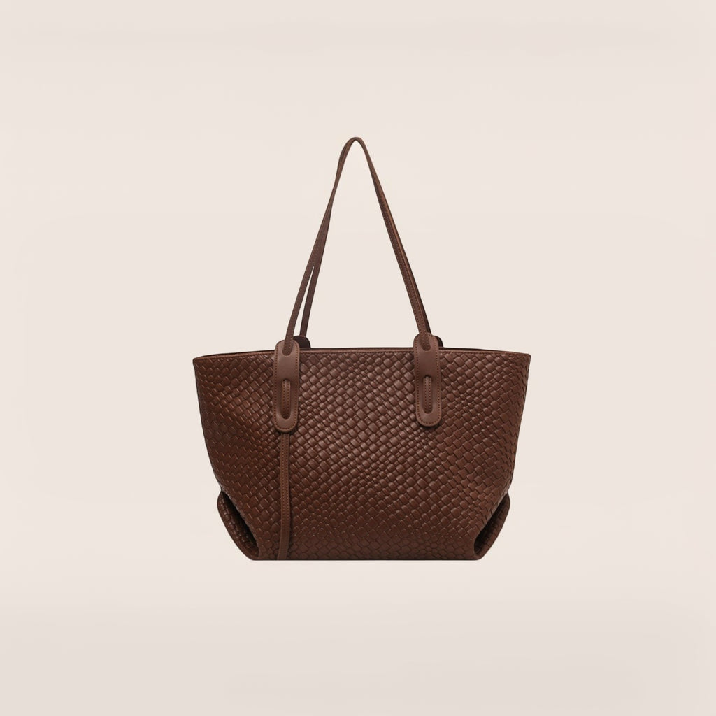 Norielle brown woven PU leather tote bag with single strap and retro textured solid color design.