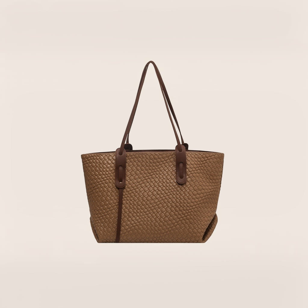 Norielle large woven tote bag in brown PU leather with single strap and retro textured design.