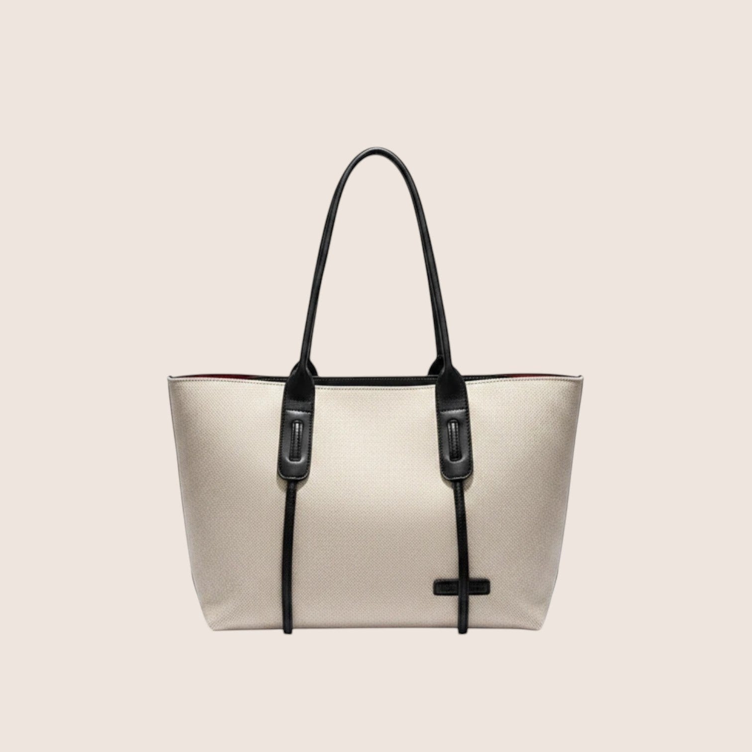 Norielle beige canvas tote bag with black leather trim and handles. Casual, all-match style.