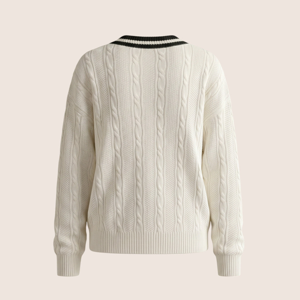 Norielle cream cable knit V-neck pullover sweater with black striped collar detail