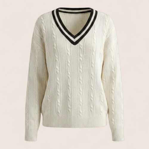 Norielle cream cable knit V-neck pullover sweater with black striped trim