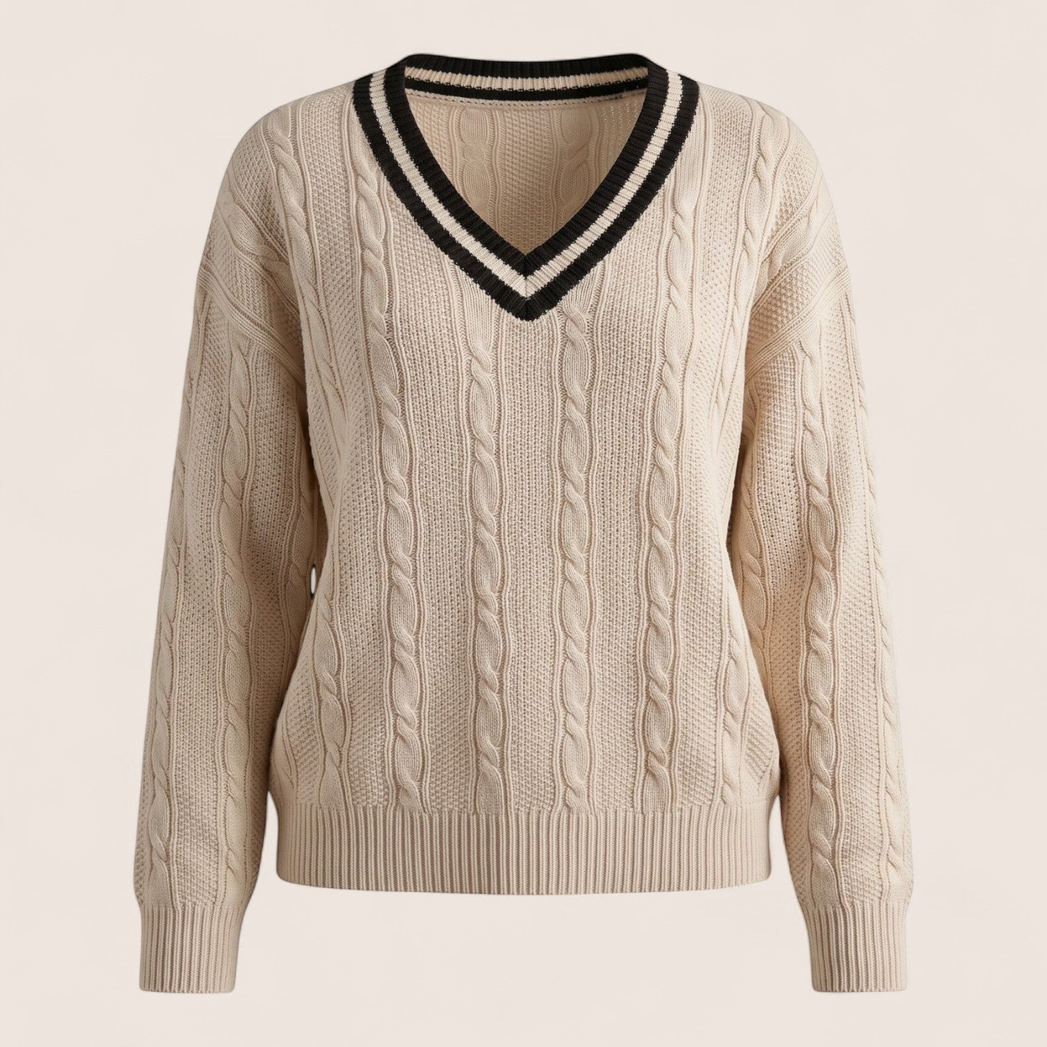 Norielle women's cream cable knit V-neck pullover sweater with black stripe trim