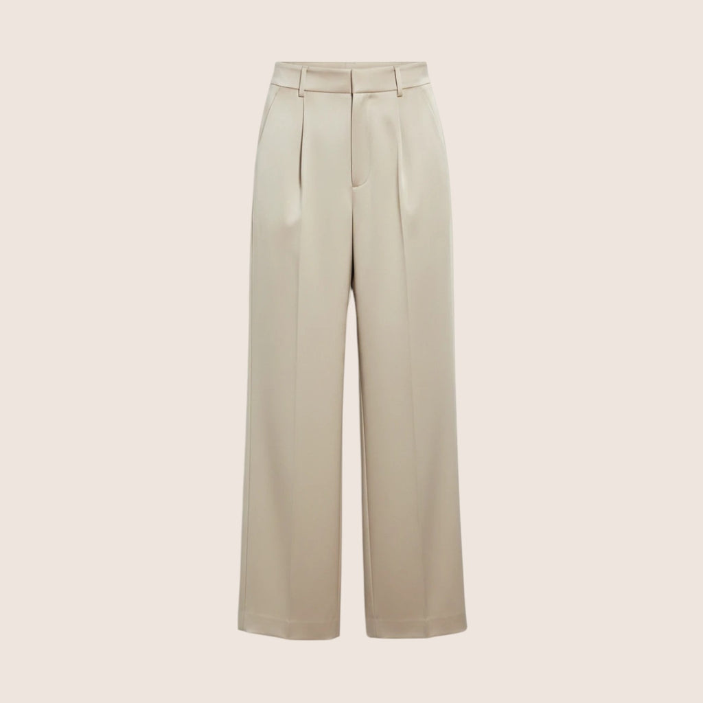 Norielle high waist wide leg beige polyester pants with belt loops and pockets. Casual suit style.