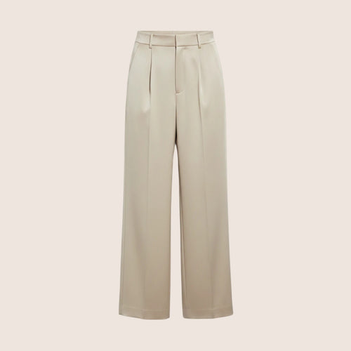 Norielle high waist wide leg beige polyester pants with belt loops and pockets. Casual suit style.