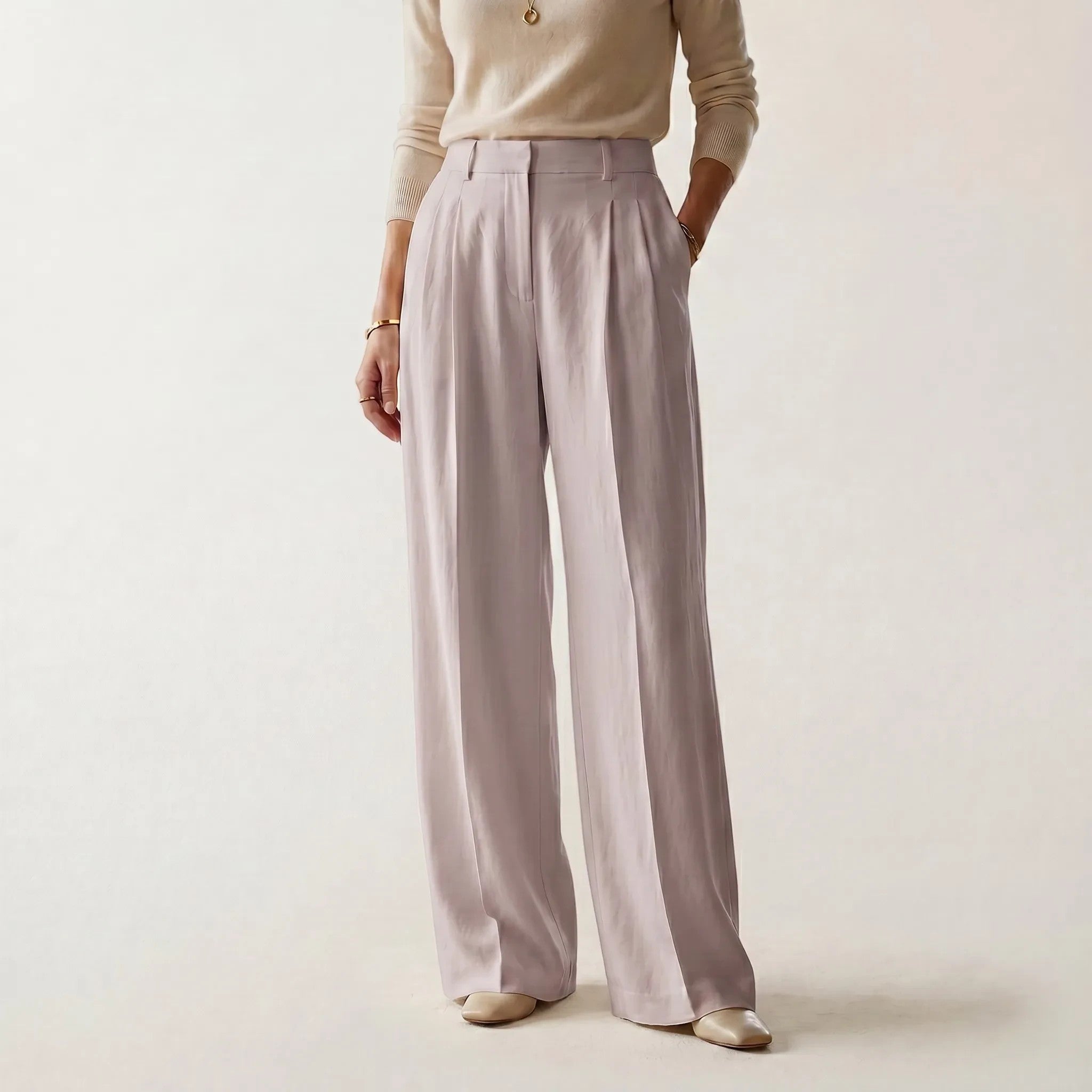 Norielle women's high-waisted lilac straight leg pants with a relaxed fit and tailored pleats.
